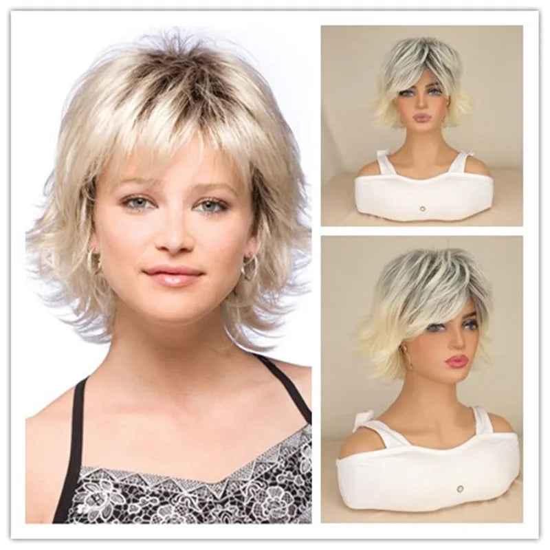 Short Brown Bob Wig with Bangs | Mixed Blonde Synthetic Natural Hair Wig for Women (Soft Mommy Hair, Daily Use) Luxegan