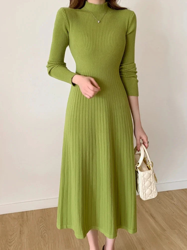Autumn Winter Slim Knitted Midi Dress | Sophisticated Half-High Collar Sweater Dress | Elegant "Tatting Weave" Silhouette | "Dignified" Empire Waist Party Dress for Radiant Versatile Styling Luxegan