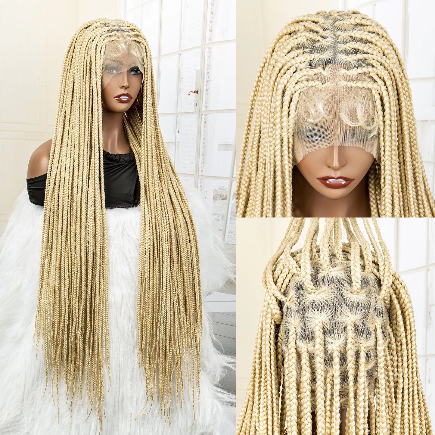 36" 613 Full Lace Knotless Box Braided Wig | Transparent HD Lace | Baby Hair | Synthetic Wig for Black Women Luxegan