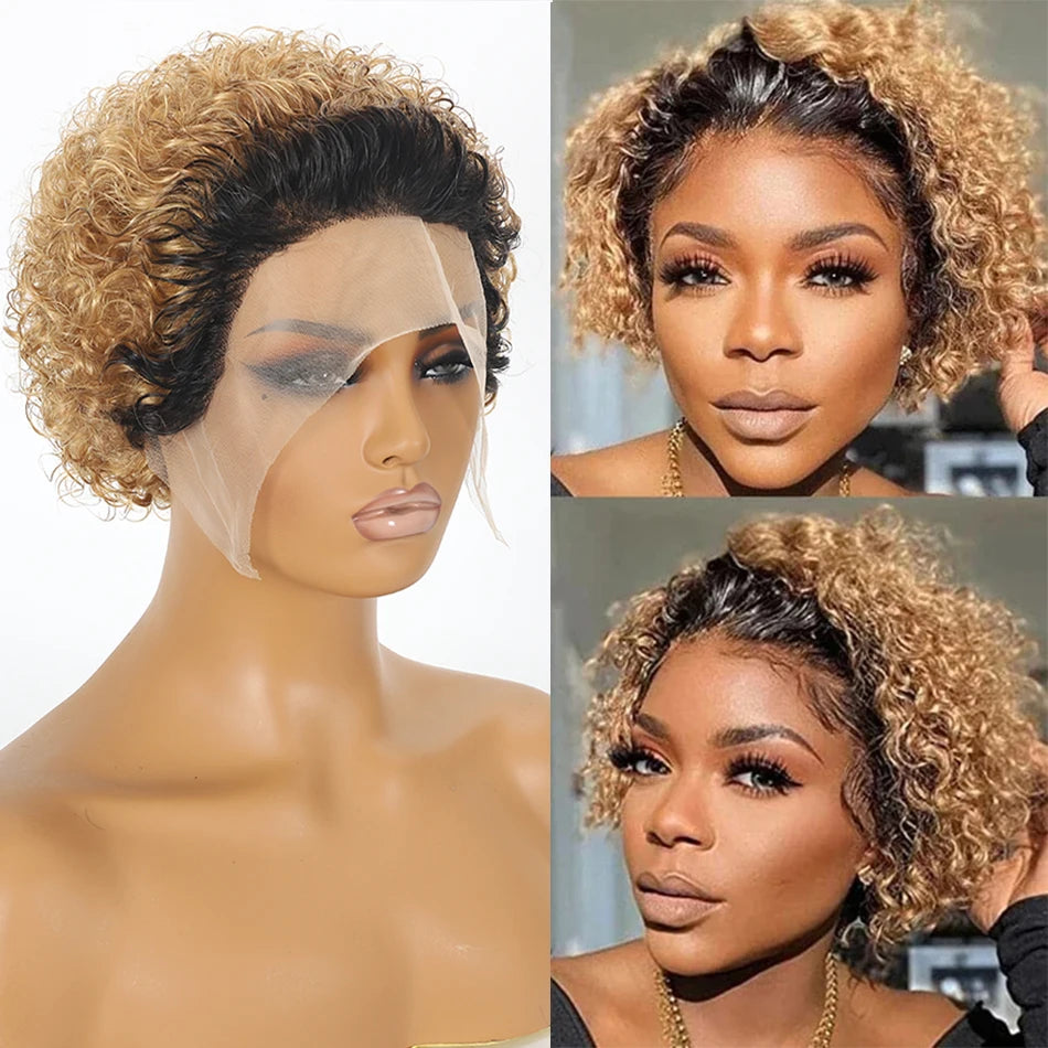 Ombre 1B/27 Pixie Cut Wigs Human Hair Curly Brazilian Virgin Hair 13x1 Transparent Lace Front Short Bob 180% Density