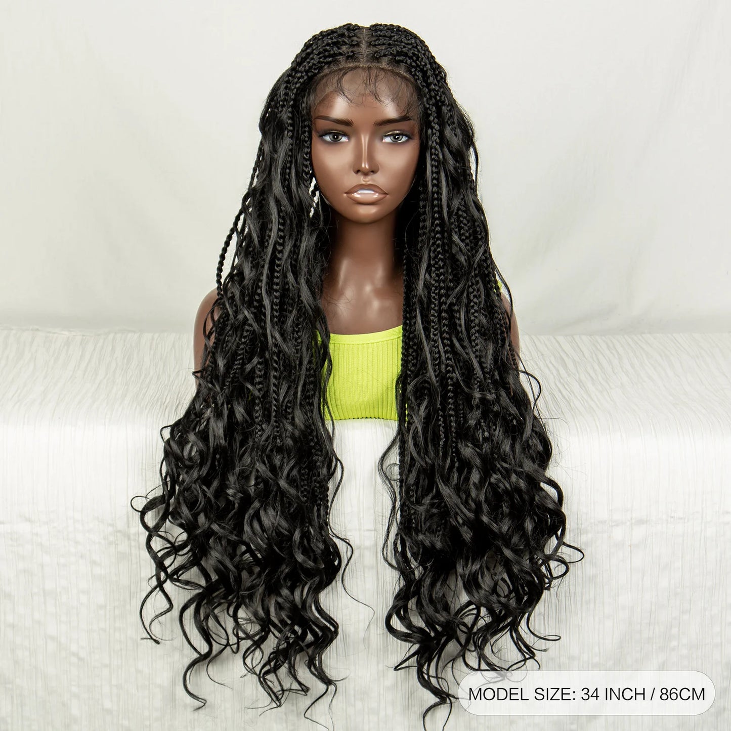 34" Natural Curly Knotless Box Braids Wig | Deep Wave Accents | Full Lace | Baby Hair Luxegan
