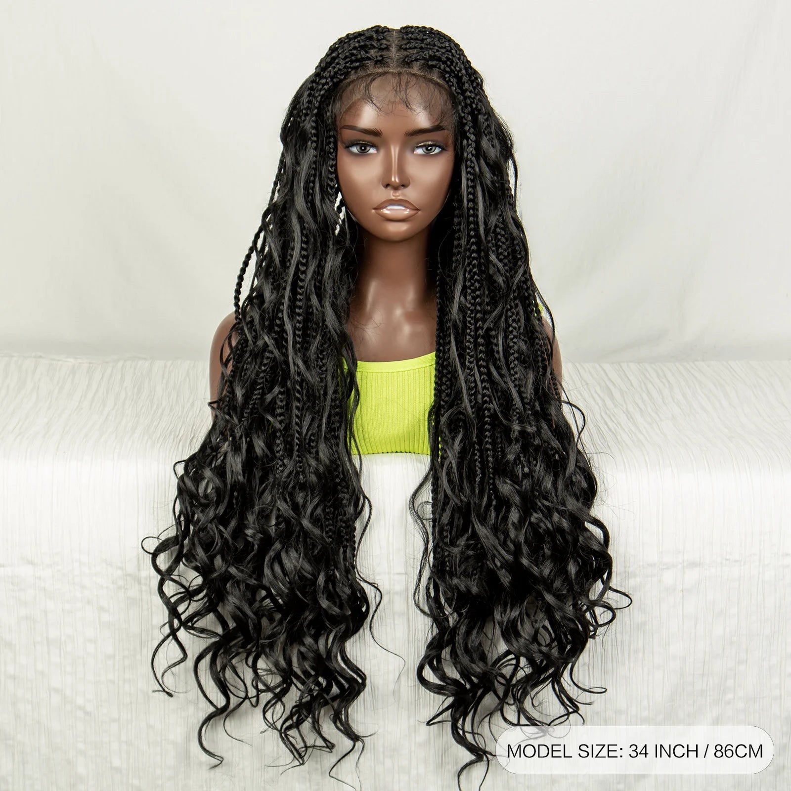 34" Natural Curly Knotless Box Braids Wig | Deep Wave Accents | Full Lace | Baby Hair Luxegan