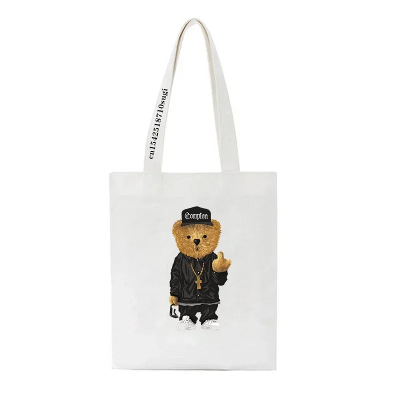 Fashion Bear Print Eco Women Shoulder Bags | Female Handbag Canvas Shopping Bag | Casual Large Ladies Travel Totes Bags Luxegan