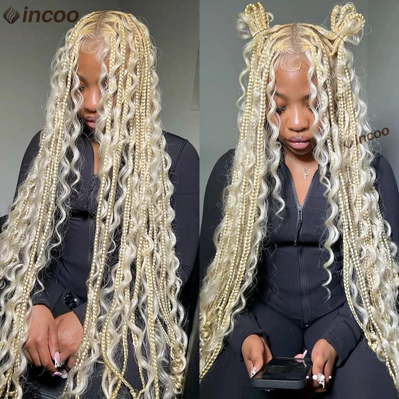 613 Blonde Boho Box Braids Wig | Curly Ends | Full Lace Front | Goddess Locs Accents Luxegan