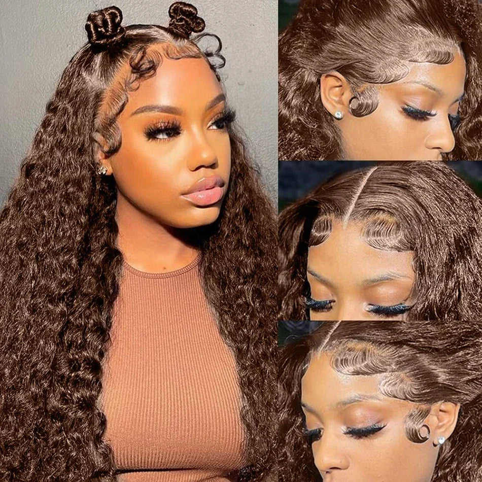 Chocolate Brown Deep Wave Frontal Wig | 13x4 HD Transparent Curly Lace Front Human Hair Wig (Bleached, Brazilian Brown Colored) Luxegan