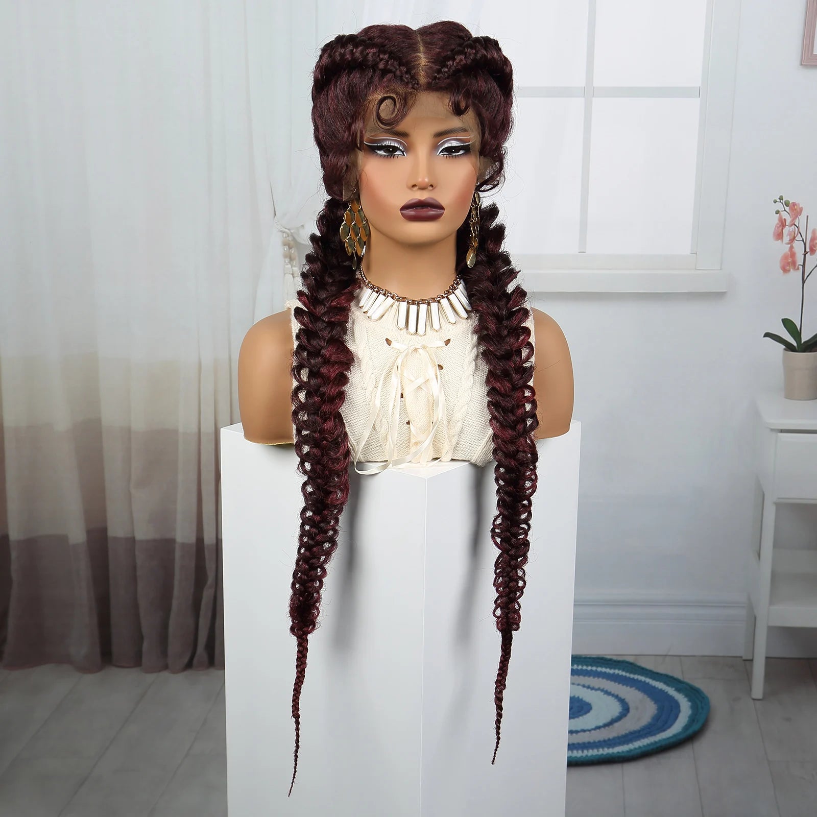 36" Burgundy Twist Cornrow Braids Wig | 99J | Lace Frontal | Baby Hair Luxegan