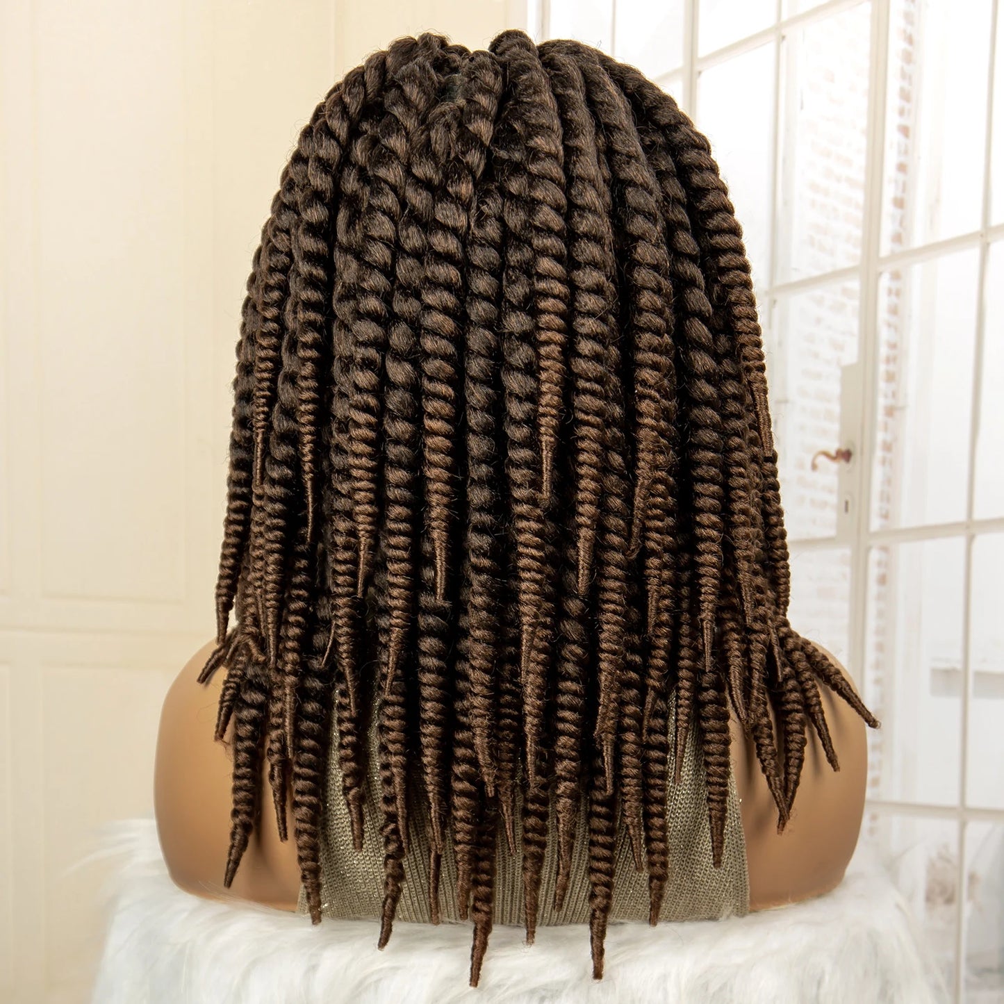 16 Inch Brown Twisted Braided Bob Wig | Full Lace | Kanekalon Fiber | For Black Women - Luxegan