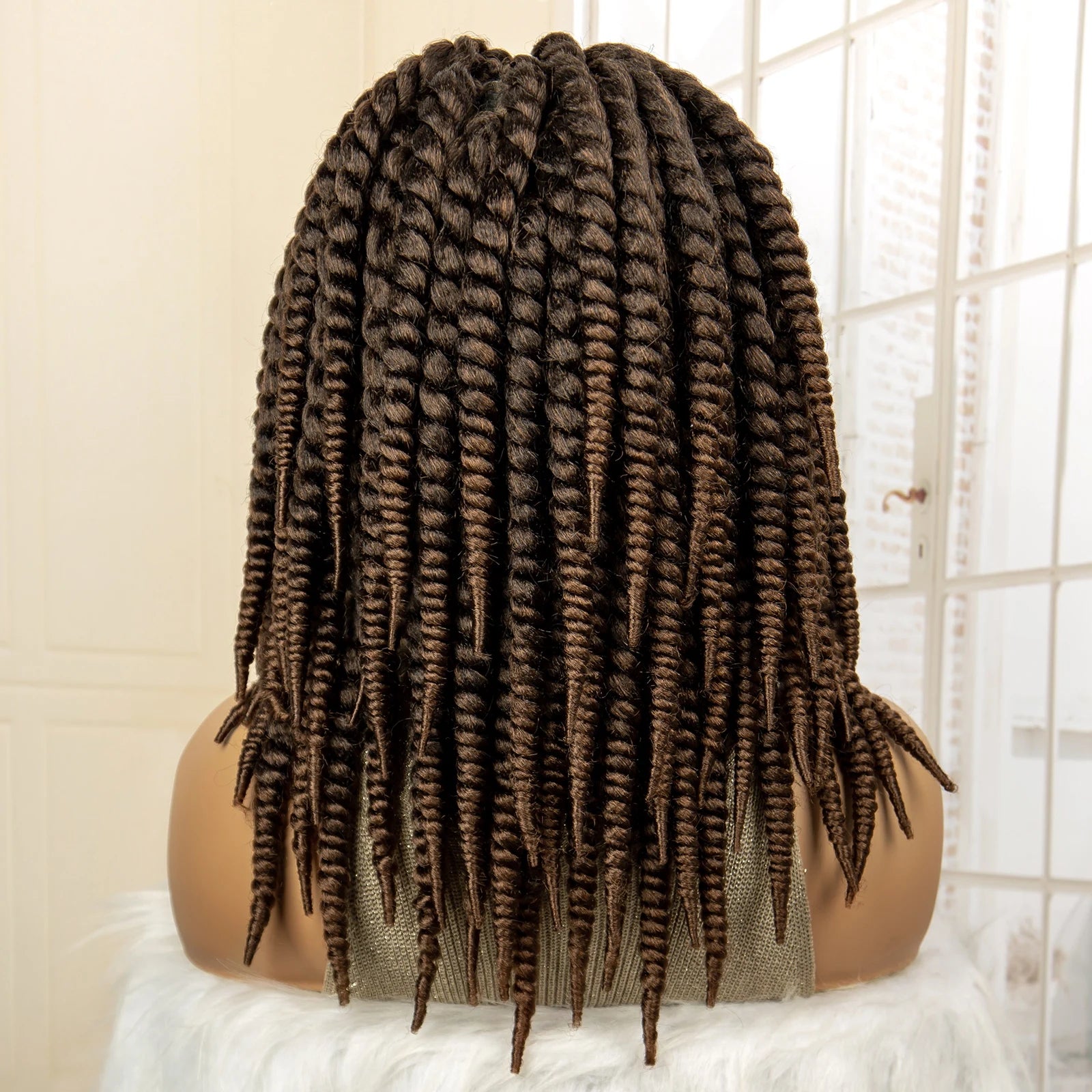 16 Inch Brown Twisted Braided Bob Wig | Full Lace | Kanekalon Fiber | For Black Women - Luxegan