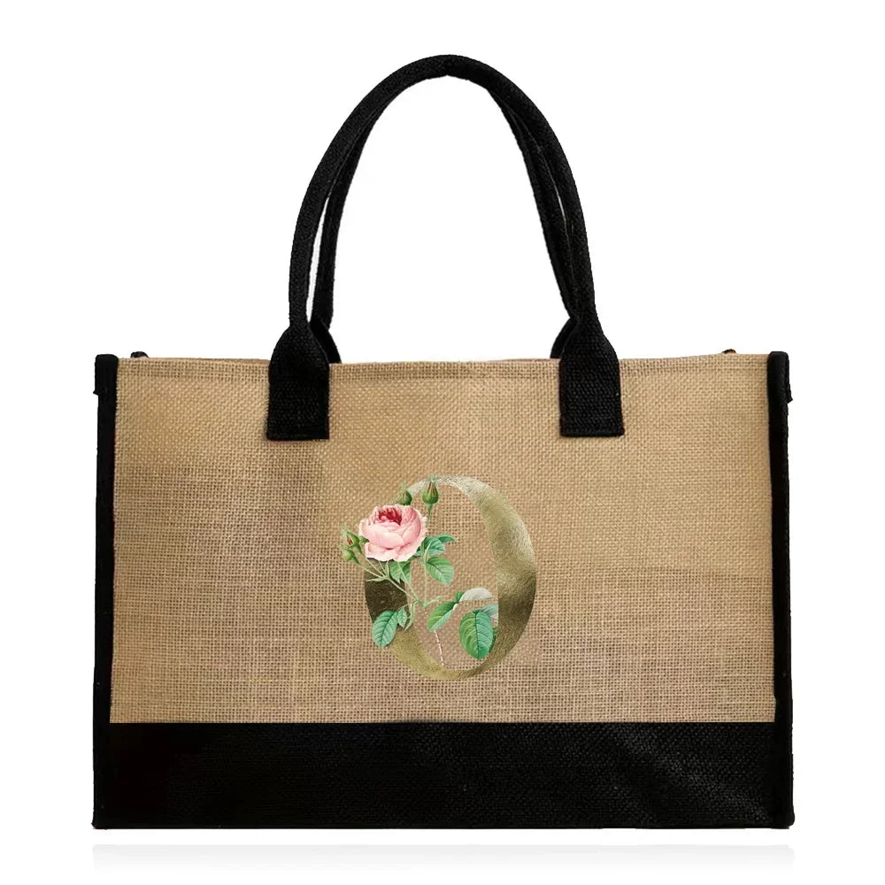 Handmade Jute & Canvas Beach Shopper | Large Capacity Portable Grocery Organizer | Eco-Friendly Woven Women’s Handbag with Golden Flower Pattern Luxegan