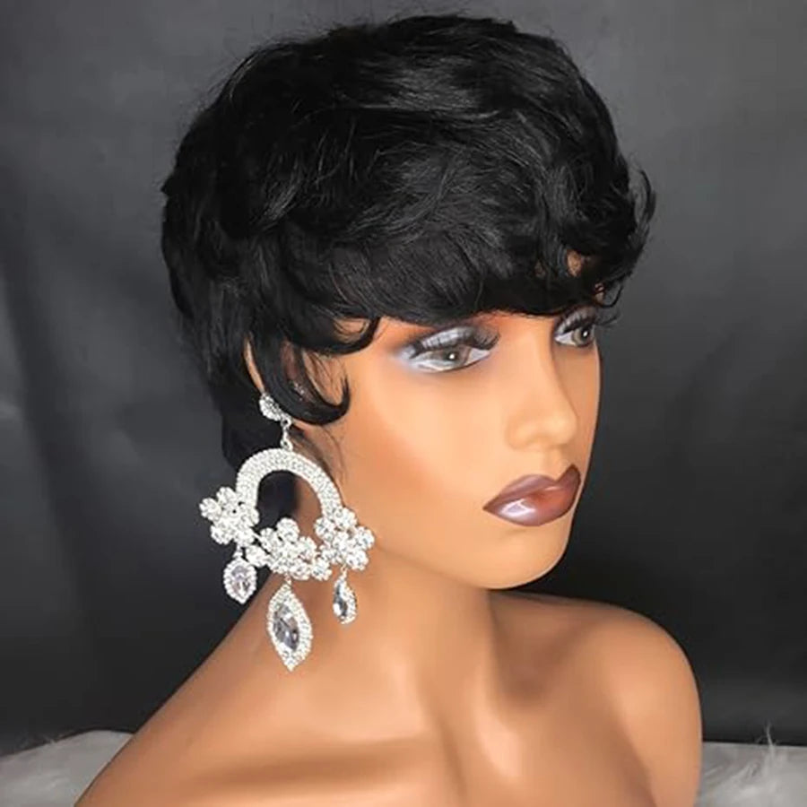 Pixie Cut Human Hair Wig | Natural Color Wavy Remy Hair | Short Cut Wig Luxegan