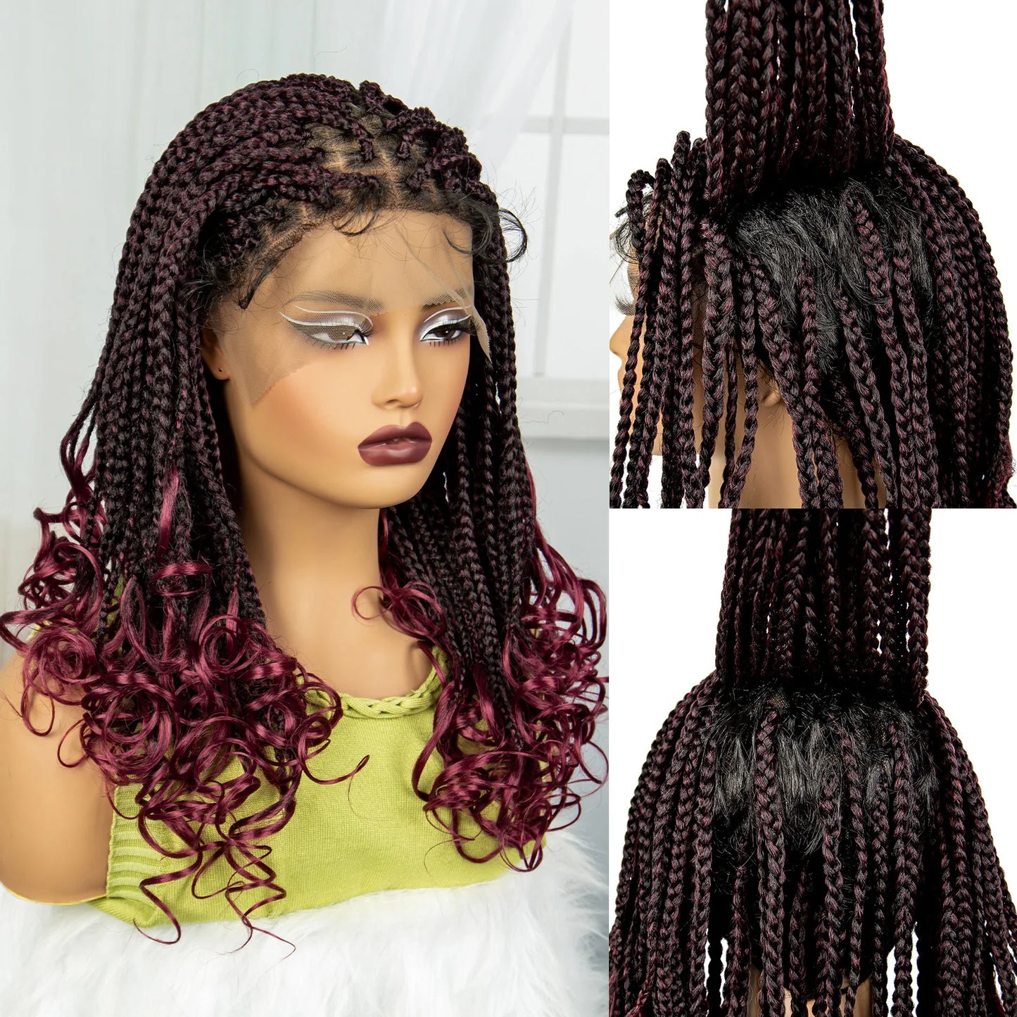 Burgundy Knotless Braids Wig with Curly Ends | 9x6 Lace Front | Blended Box Braids Luxegan