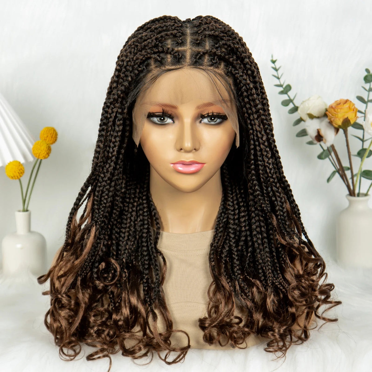 Kima Goddess Box Braided Wigs Transparent Full Lace Braided Wig French Curly Ends with Baby Hair Braided Wigs for African Women Luxegan