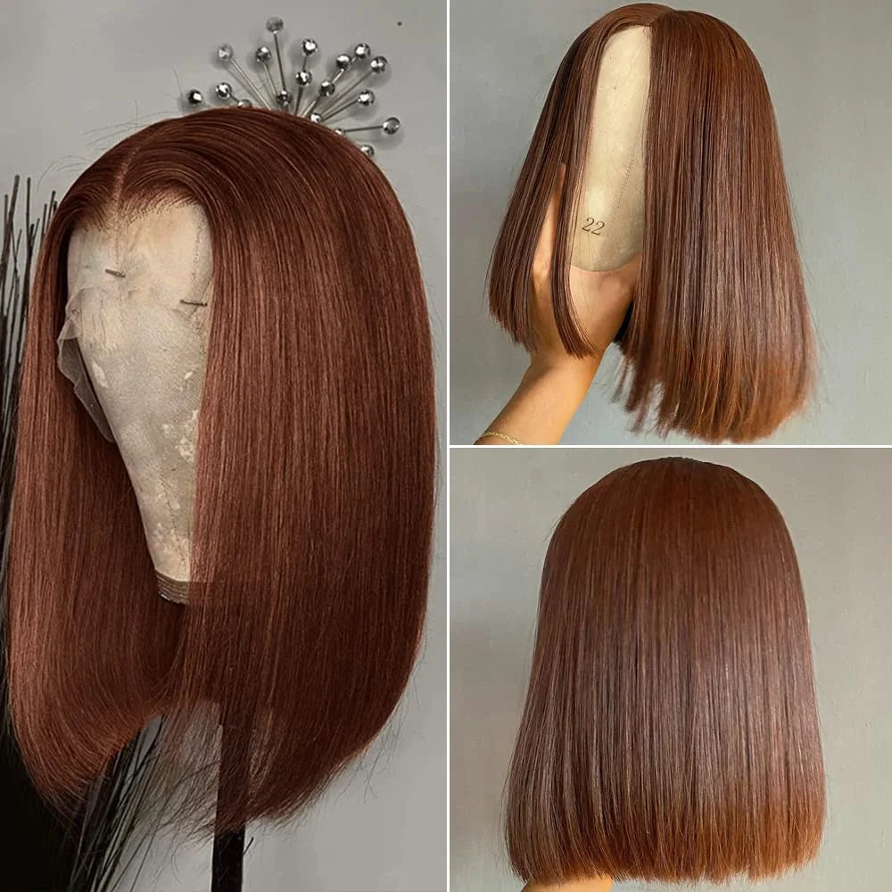 16-Inch Chocolate Brown Straight Bob Wig | Sophisticated 13x4 HD Transparent Lace Frontal | Elegant "Short Bob" Silhouette | "Dignified" Pre-Plucked Vietnamese Remy Human Hair for Radiant Versatile Styling Luxegan