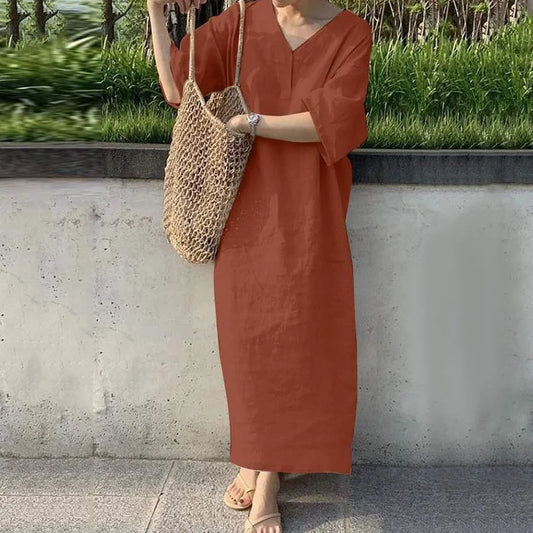 Women's Casual Solid Color Cotton Linen Long Dress | Vintage Loose Short Sleeve Holiday Maxi Dress | Simple Style V-Neck Summer Vestido | Premium Breathable Lightweight Casual Gown Luxegan