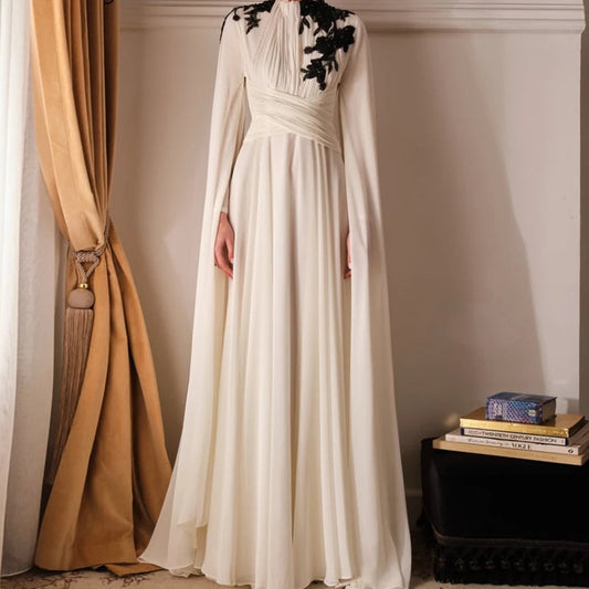 Floral Draped A-Line Prom Dress | High-Neck Full Sleeve Floor-Length Evening Gown - view 2