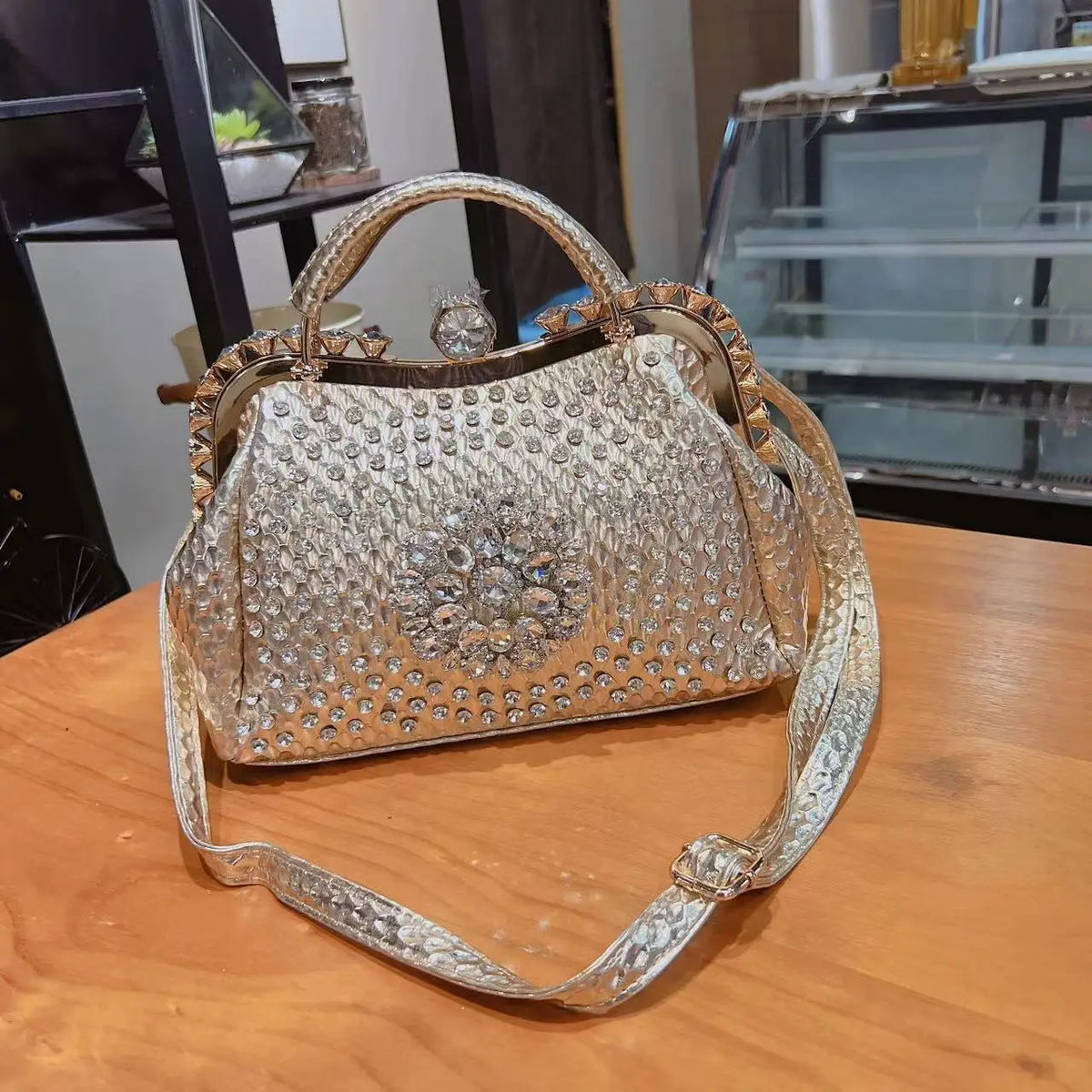New Luxury Diamond Rhinestone Handbag | Premium Genuine Leather Dumpling Bag | Large Portable Tote with Glittering Clip | Designer Rhinestone Shoulder & Messenger Bag for Women Luxegan