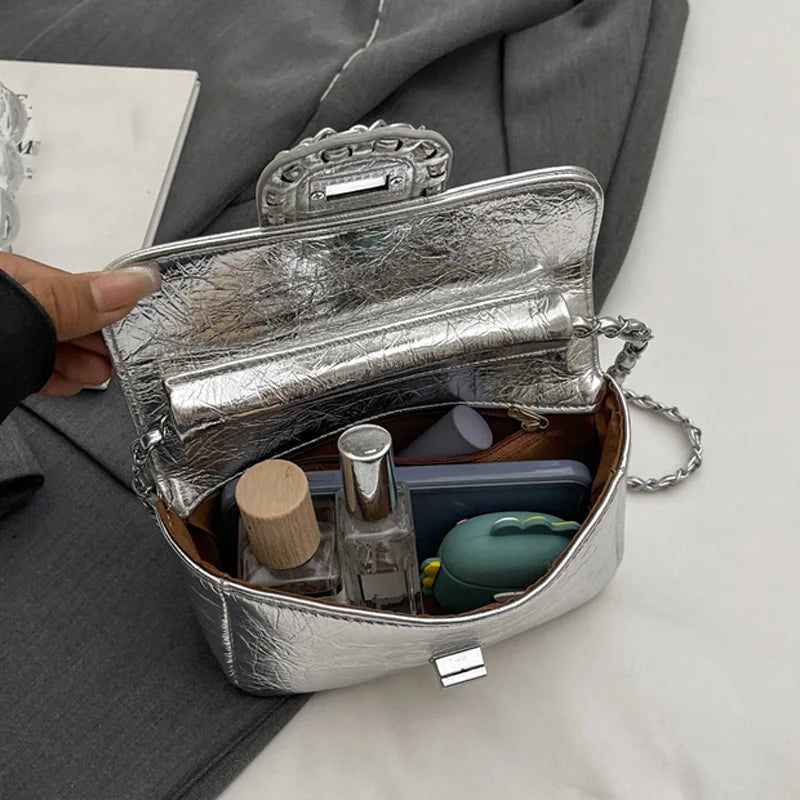 Silvery Luxury Handbags & Purse for Women | PU Leather Flip Messenger Shoulder Bag (Female Chain Crossbody Bag) Luxegan