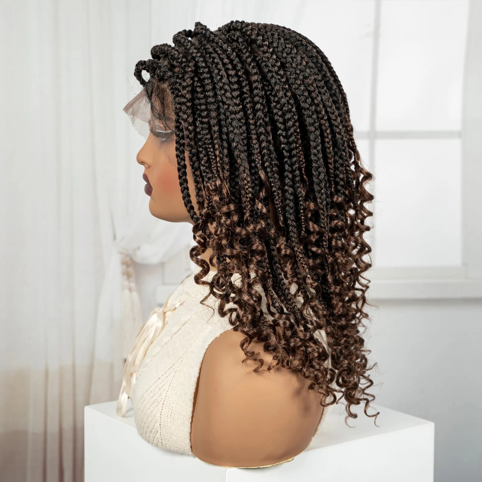 Ombre Boho Knotless Braids Bob Wig with Curly Ends | Full Lace Luxegan