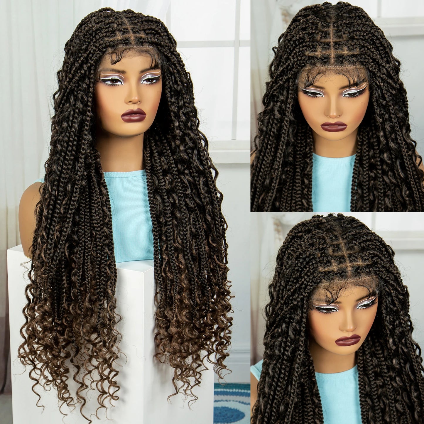 Burgundy Knotless Box Braids Wig with Curly Ends | Full Lace Handmade Luxegan