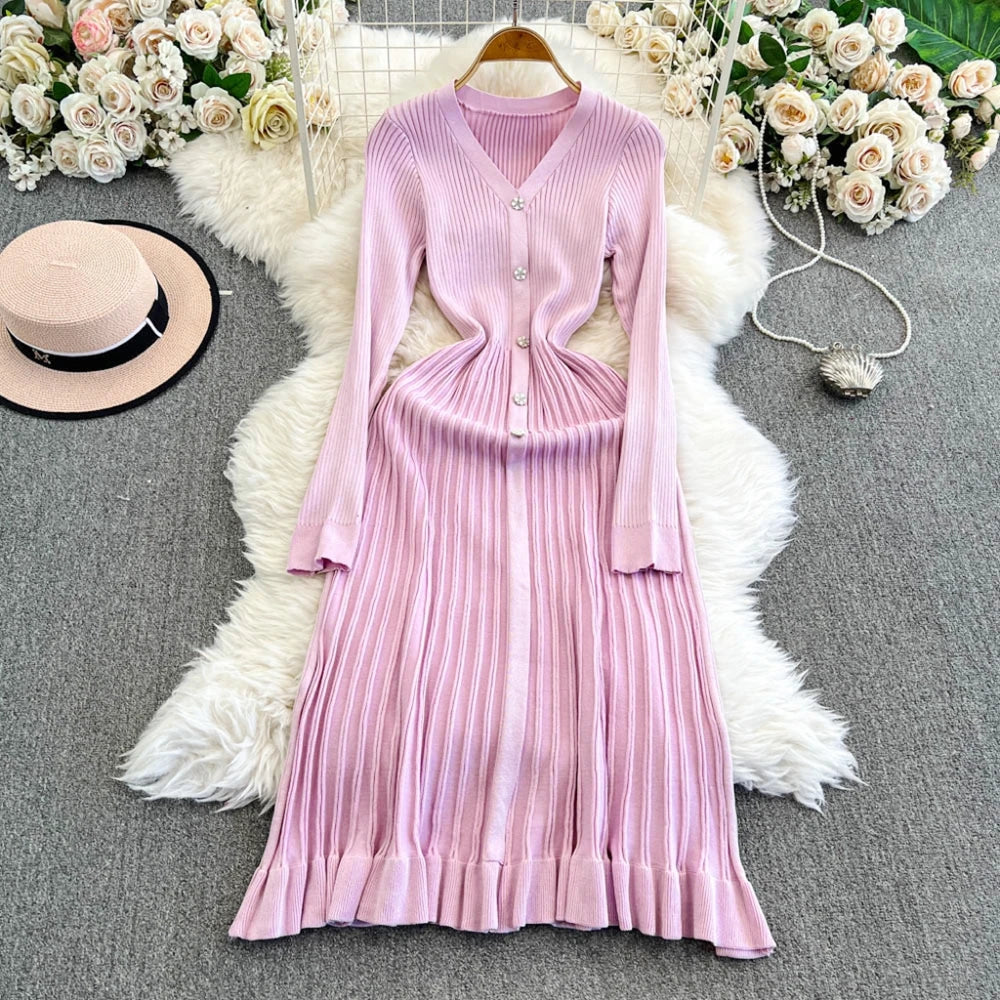Autumn Winter V-Neck Knitted Long Dress | Sophisticated Slim Waist Pleated Sweater Gown | Elegant "Full Sleeve" Silhouette | "Dignified" Empire Waist A-Line Dress for Radiant Versatile Office & Winter Styling Luxegan