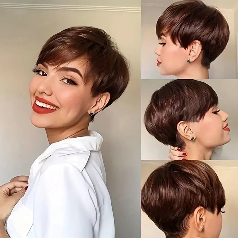 Rebecca Short Straight Pixie Bob Wig with Bangs | Glueless Brazilian Human Hair (Black & Brown) Luxegan