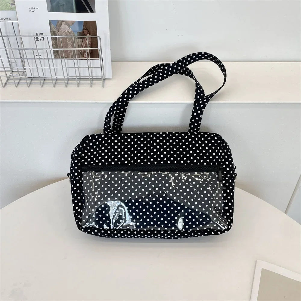 Y2K Ulzzang Ita Bag for Women | Trendy Polka Dot Canvas Shoulder & Underarm Tote (Transparent Pocket, Youth Fashion) Luxegan