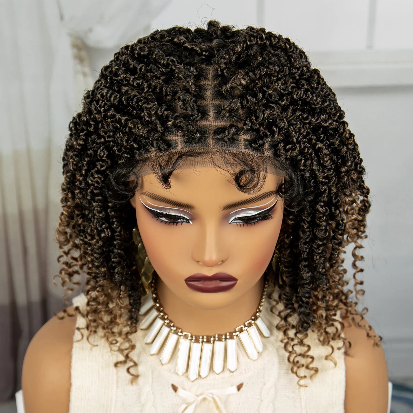 Knotless Box Braided Bob Wig with Curly Ends | Short Twist Braids | Synthetic Lace Front Wig | Handmade for Black Women Luxegan