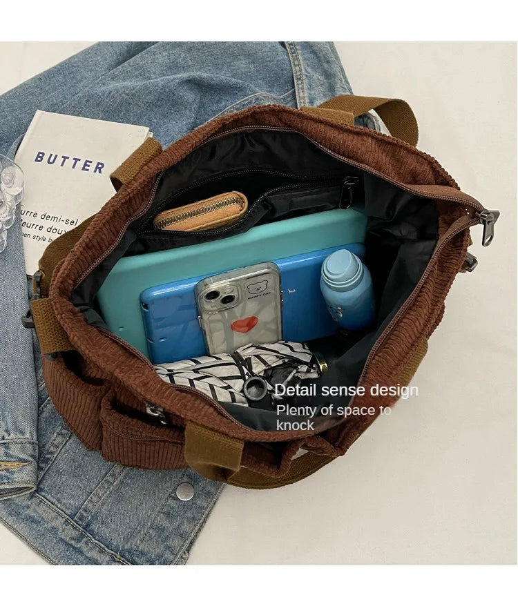 Female Large Capacity Corduroy Tote Bag | New Korean Style Fashion Women's Shoulder Crossbody Bag (Worker Commuter Handlebag)