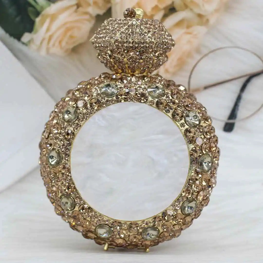 New Design "Big Diamond Ring" Evening Bag | Luxury Bridal Wedding Rhinestone Clutch | Elegant Circular Gold & Silver Handbag | Glamorous Sequined Dress Purse (Model DR521) Luxegan