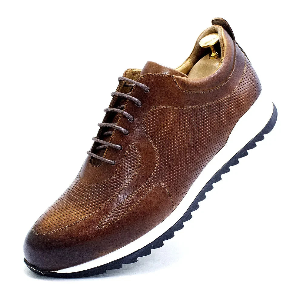 Luxury Men's Genuine Cow Leather Sneakers | Sophisticated Lace-Up Oxford Casual Shoes | Elegant "Handmade Stitching" Silhouette | "Dignified" Breathable Street Travel Footwear for Radiant Versatile Styling Luxegan