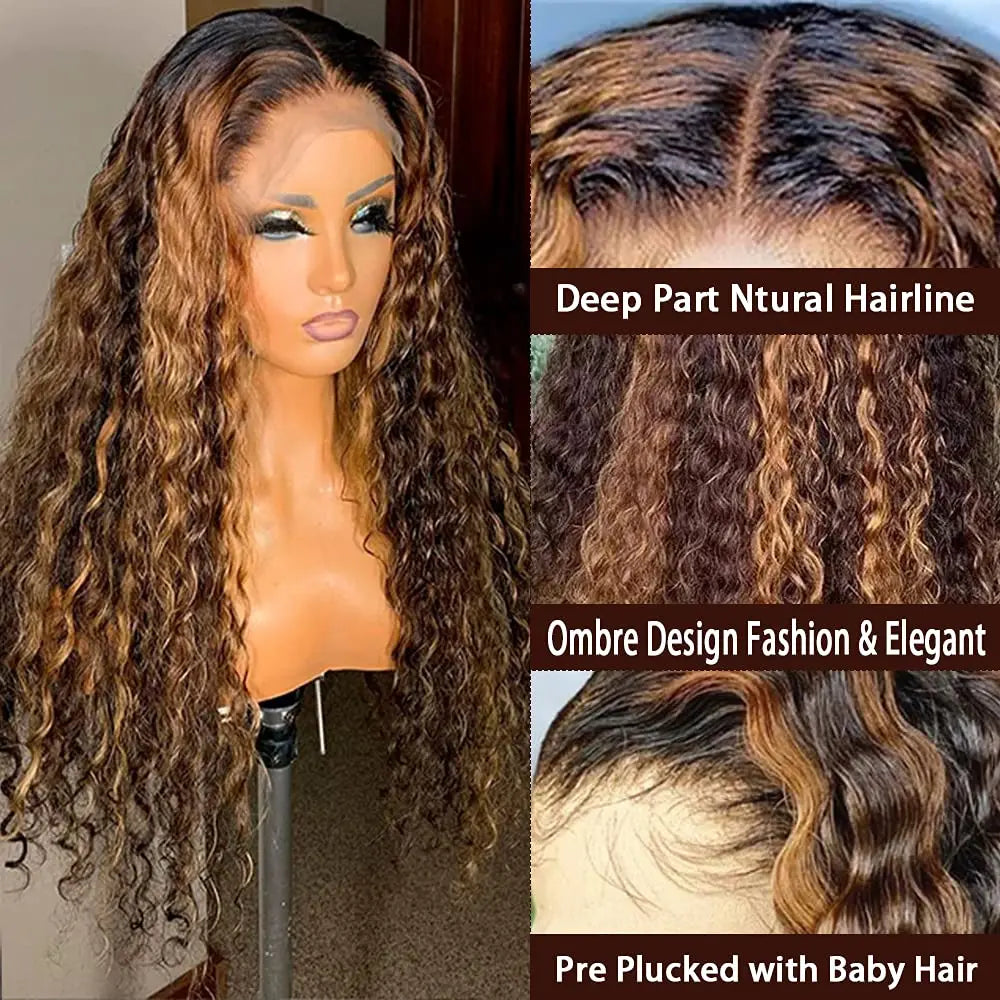 Sleek Curly Human Hair Wig | Brown Highlights | 13x1 T Part Lace Wig | Brazilian Remy Hair | Water Wave