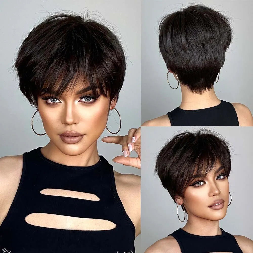 Natural Black Pixie Cut Wig with Fluffy Bangs | Short Layered Heat-Resistant Synthetic Hair for Daily Wear Luxegan