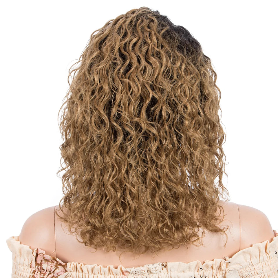 Sleek Curly Human Hair Wig | Brown Highlights | 13x1 T Part Lace Wig | Brazilian Remy Hair | Water Wave