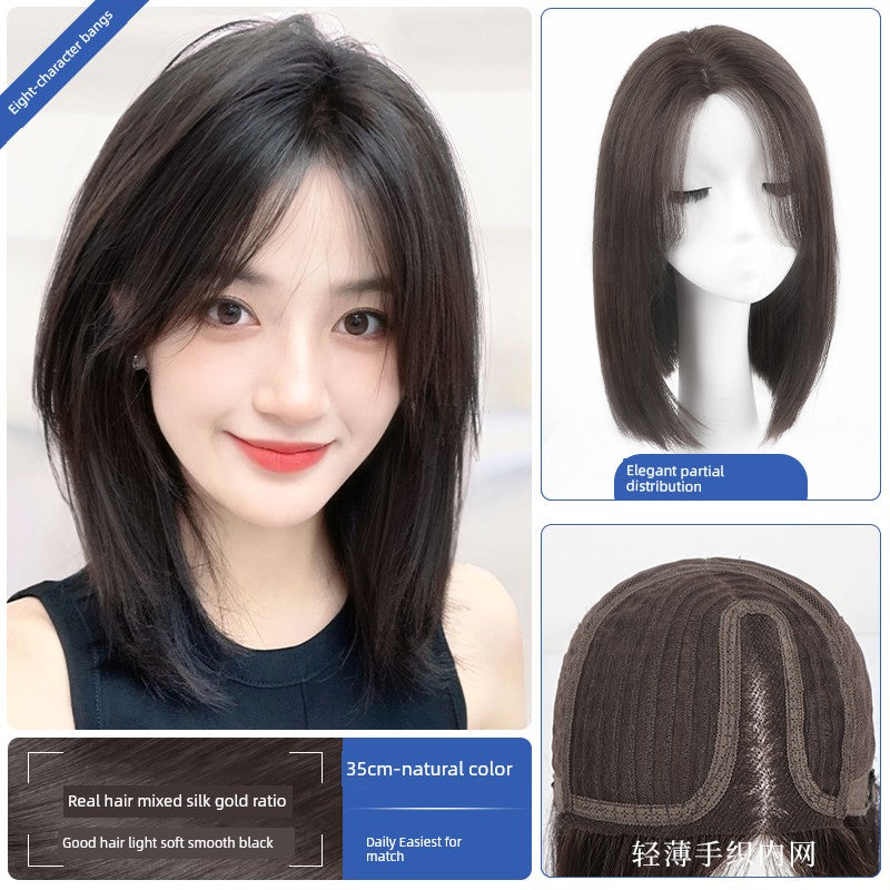 Natural Full-Head Human Hair Wig | Classy Collarbone Length Short Straight Wig with Oblique Bangs for Women (Sweet & Lovely, Elegant Style) Luxegan