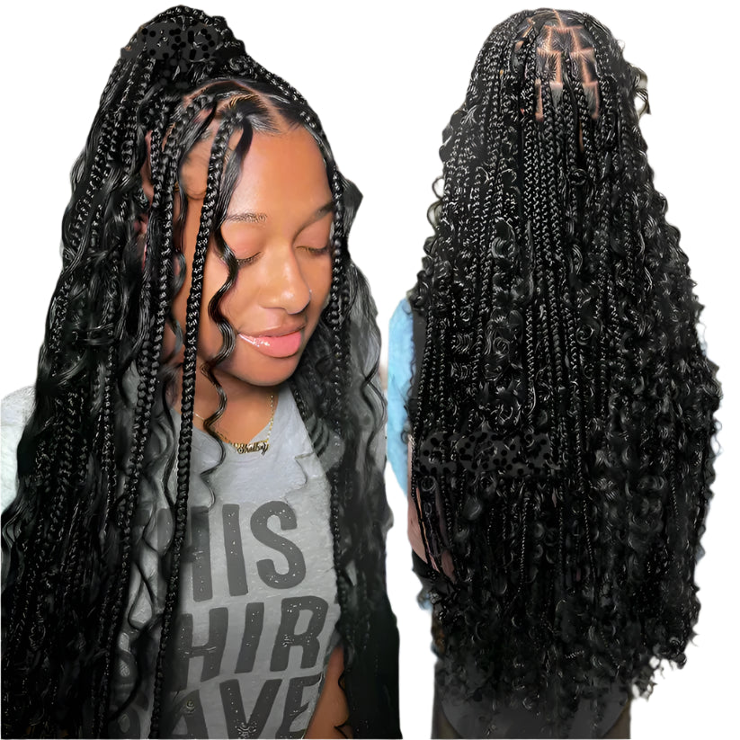 Burgundy Boho Box Braids Wig | Curly Goddess Locs | Full Lace Front | Synthetic Hair | Women