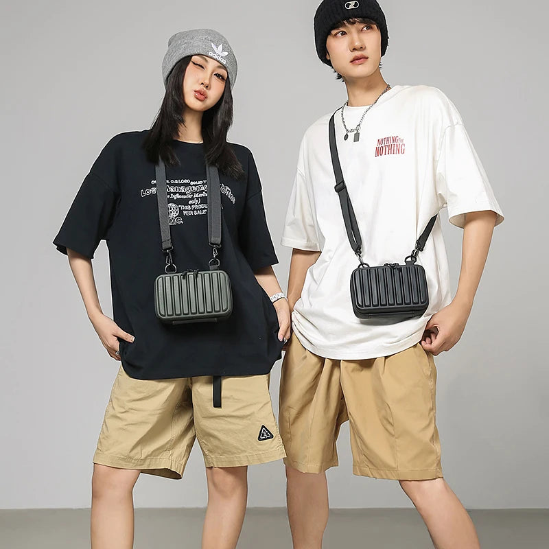 Unisex Army Green Mini Box Crossbody | Casual Leisure Shoulder Sling Bag | Durable PVC Solid Color Handbag with Striped Texture & Zipper Closure Luxegan