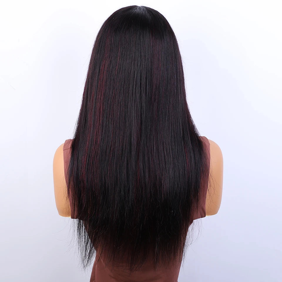 Burgundy Red & Black Bone Straight Wig with Bangs | Full Machine Made Human Hair (18-24") Luxegan