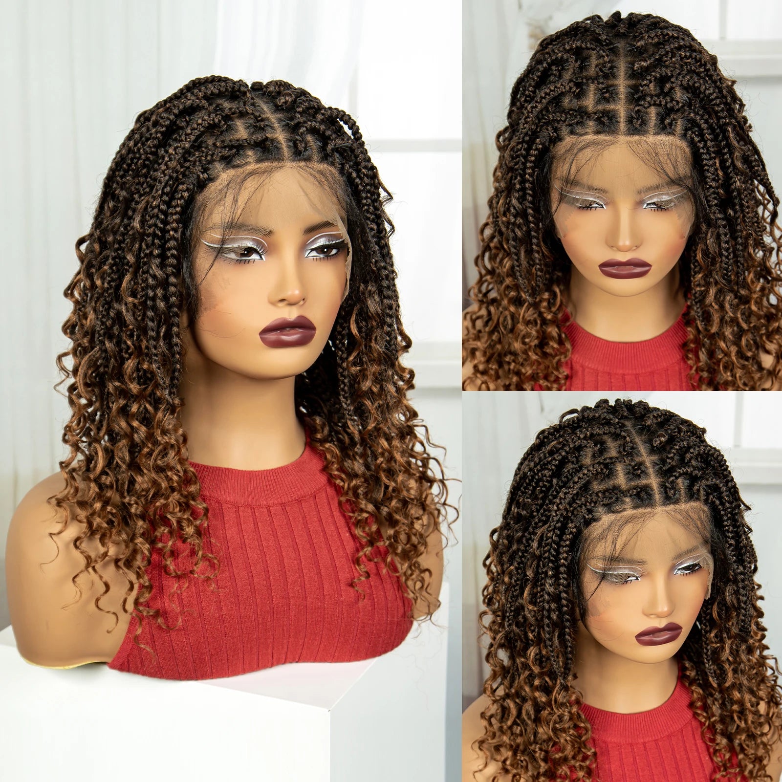 Burgundy Curly Ends Knotless Braids Bob Wig | 99J | Full Lace | Boho Style Luxegan