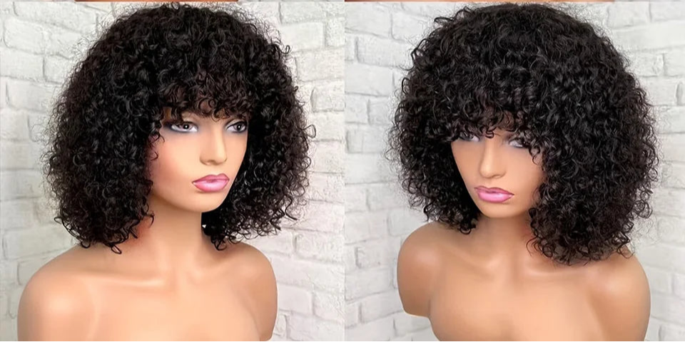 Highlight Honey Blonde Jerry Curly Pixie Bob Wig with Bangs | Full Machine Made Human Hair Luxegan