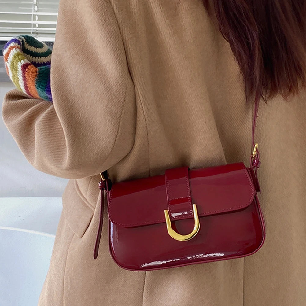 Retro Patent Leather Shoulder Bag for Women | Luxury Flap Crossbody & Solid Color Underarm Bag (Red Lady Handbag Luxegan