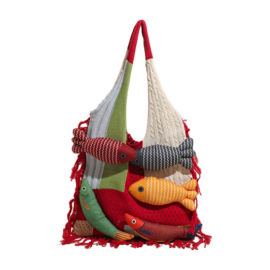 Korean Style Contrast Color Woven Tote | Lightweight Large Capacity Summer Shoulder Bag | Fashionable Patchwork Cotton Handbag with Artisan Appliques | Casual Versatile Beach & Daily Shopping Bag (Model 7715) Luxegan