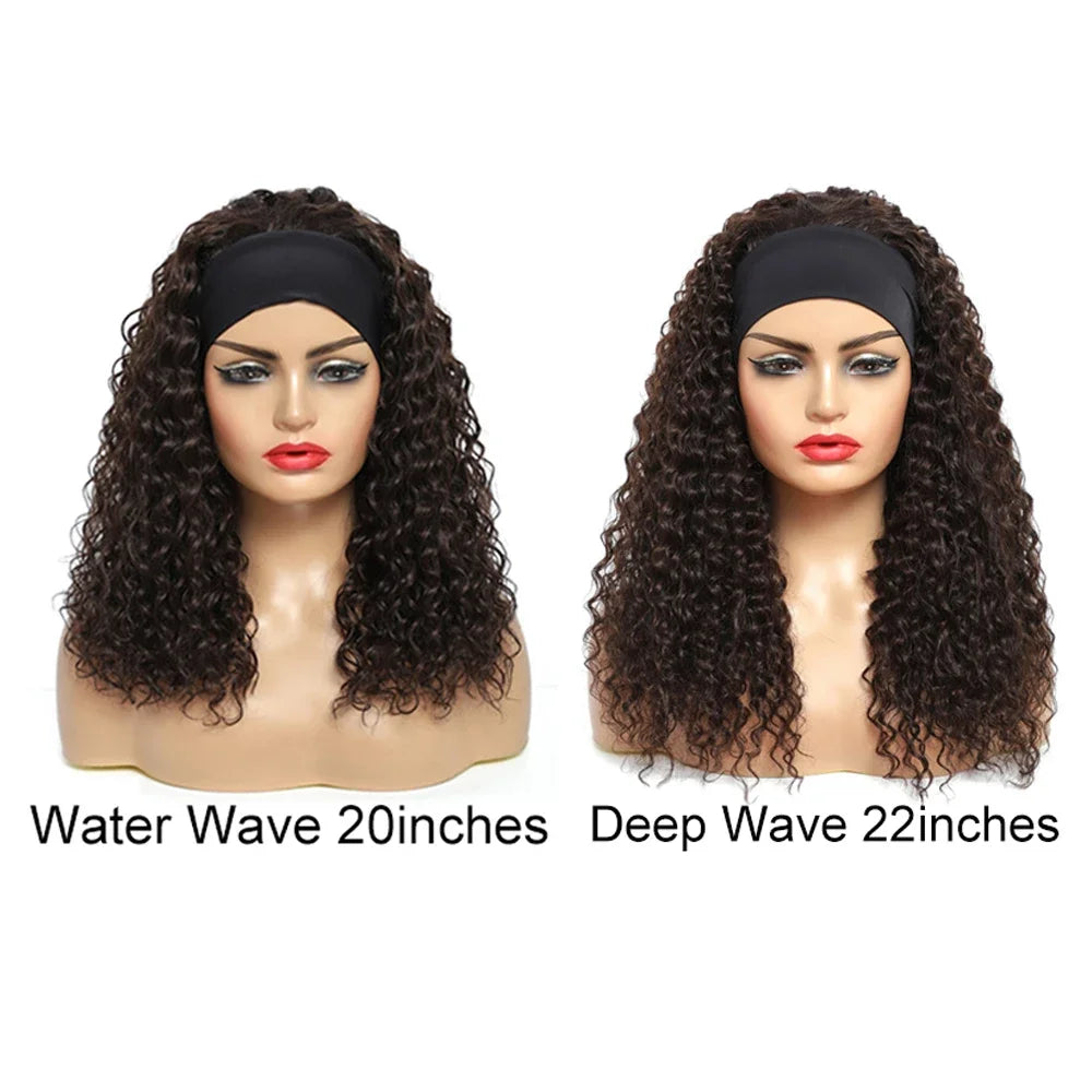 Water Wave Headband Wig | Darker Brown | Synthetic Curly Hair Wig | 20 Inches | Glueless | Full Machine Made Wigs - Luxegan