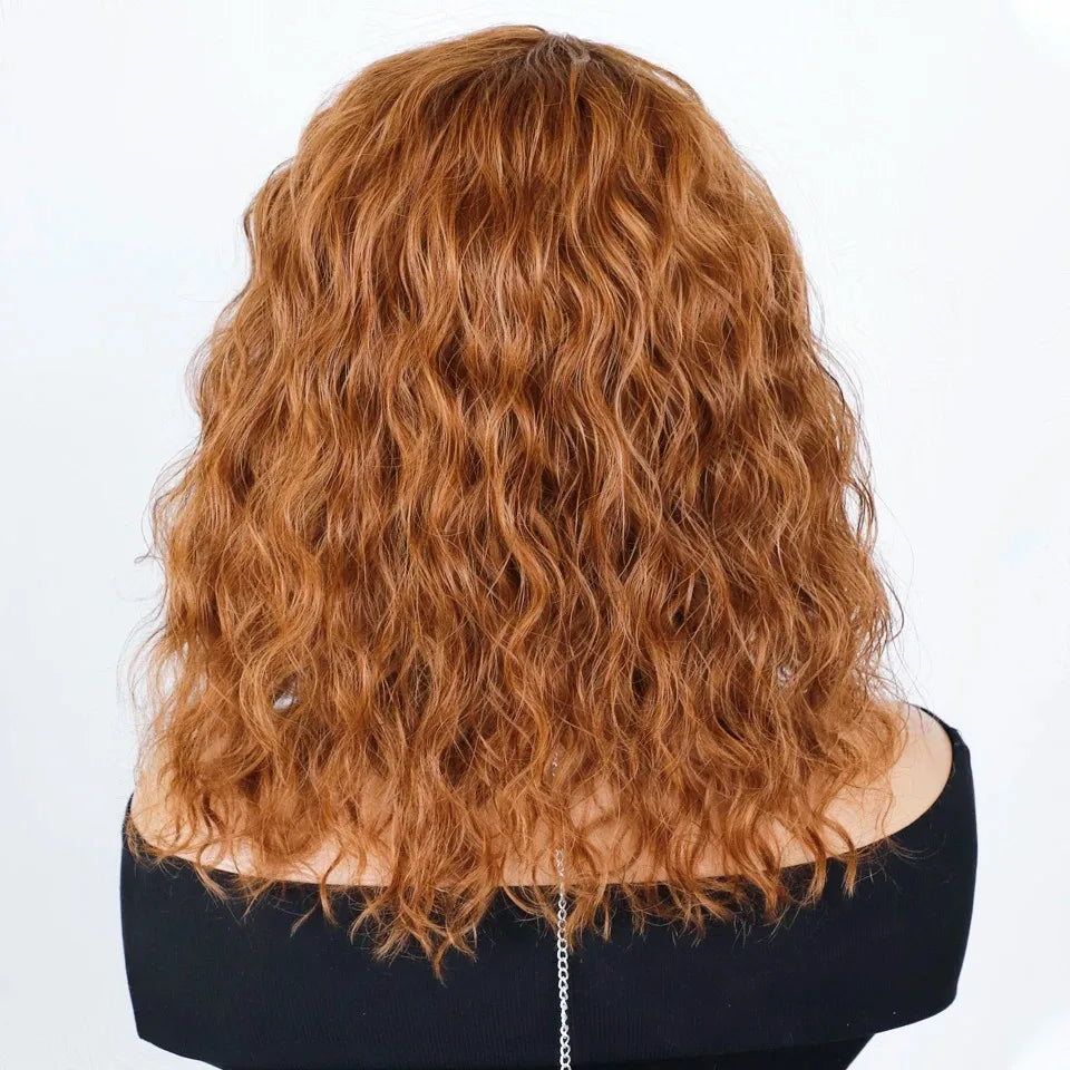 Glueless Short Curly Bob Wig with Fringe Bangs | Honey Brown Mixed Blonde Highlight Water Wave Wig | 100% Brazilian Remy Human Hair Side-Part Pre-Plucked Fluffy Curly Wig for Women Luxegan