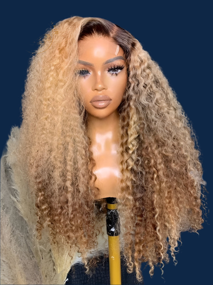 Ombre Honey Blonde Kinky Curly Lace Front Wig | Brown Roots | 13x6 Transparent Lace