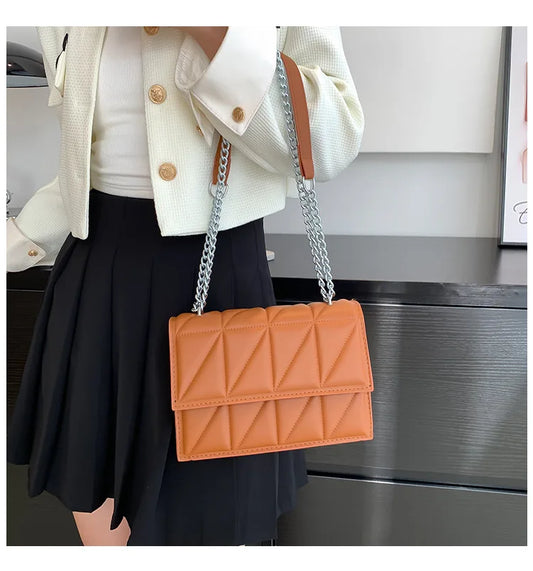 Embroidery Plaid Chain Flap Bag | Sophisticated Solid-Color Shoulder Handbag | Elegant Casual Crossbody Purse | "Dignified" Hard Square Bag for Versatile Daily Styling Luxegan