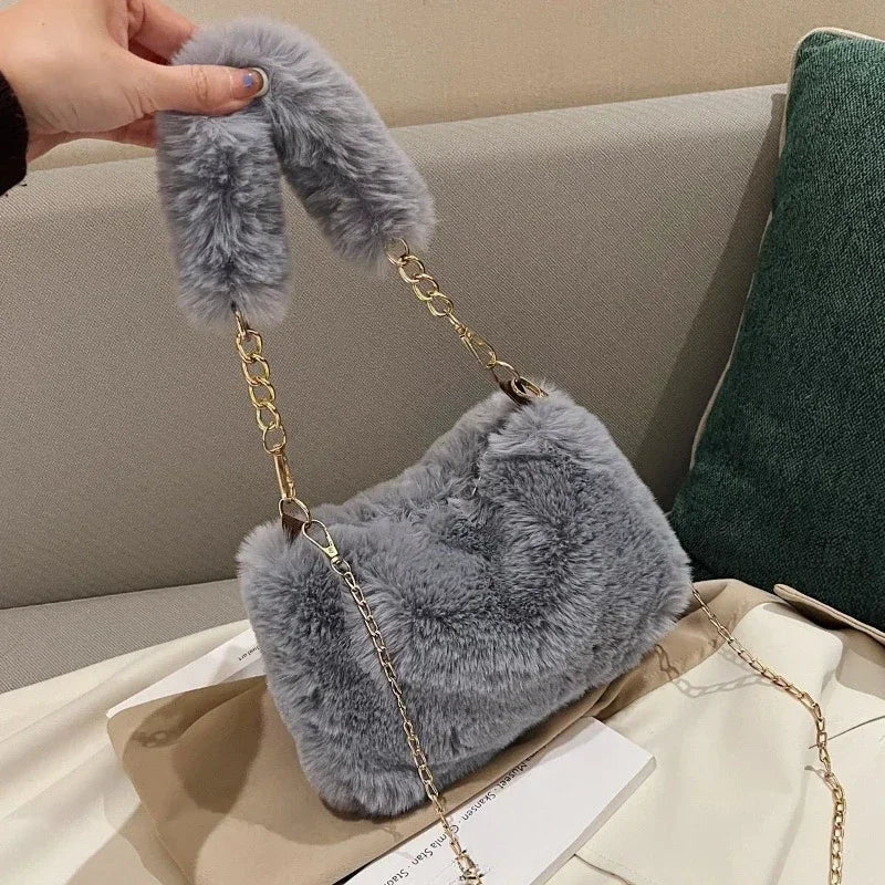 Fashion Women's Fluffy Shoulder Bag | Female Winter Chain Underarm Bag & Soft Plush Handle Handbag (Solid Color) Luxegan