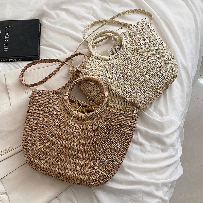 Straw Woven Handbags For Women | Handmade Travel Seaside Beach Bag | Summer New Handle Bucket Bag Shopping Tote Bag Basket Luxegan