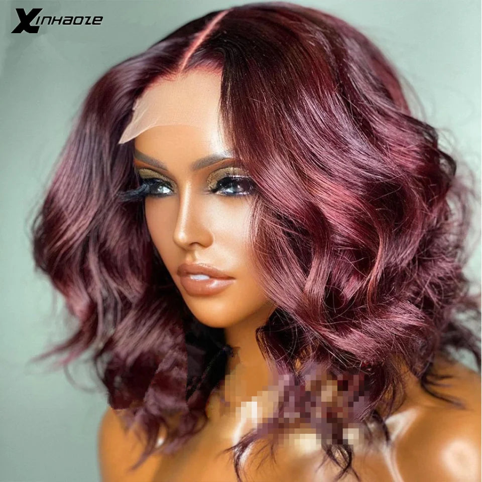 Ombre Dark Brown & 99J Burgundy Highlight Bob | Sophisticated Body Wave Brazilian Virgin Hair | Elegant 13x4 HD Transparent Lace Frontal | "Dignified" Short Remy Hair Wig with Blonde Accents