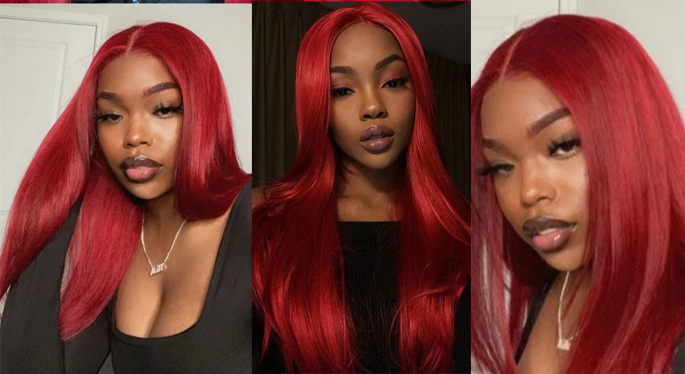 Red & Blonde Highlight Straight Bundles with Closure | 3 Pcs Brazilian Remy Human Hair Weave Extensions Luxegan