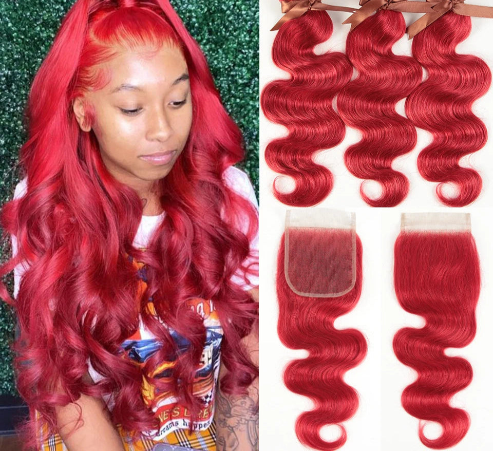 Rebecca Oxblood Red Body Wave Bundles with Closure | 3 Brazilian Remy Human Hair Weave & Closure Set Luxegan